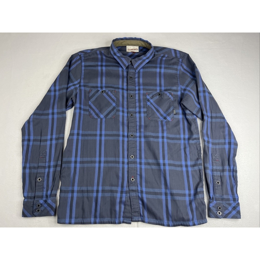 Simms Black's Ford Flannel Mens Plaid Blue Button Up Shirt Large